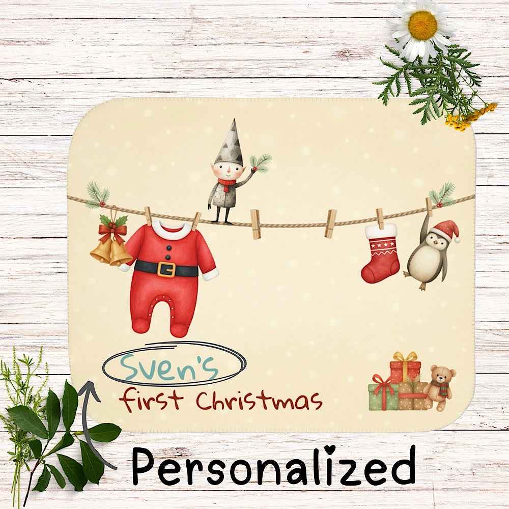 Personalized Baby’s First Christmas Blanket – Santa Romper Laundry Line Photo Prop by IROHA-studio