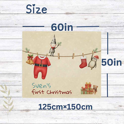 Personalized Baby’s First Christmas Blanket – Santa Romper Laundry Line Photo Prop by IROHA-studio