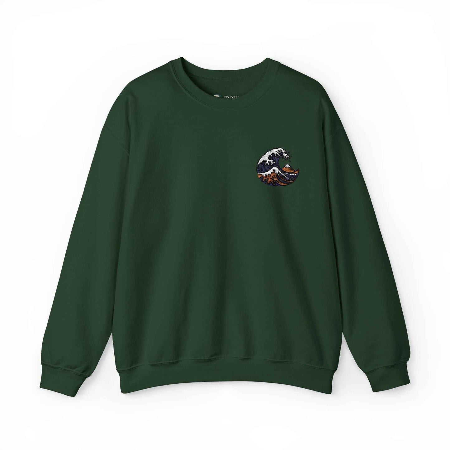 Great Wave Embroidery Sweatshirt - Japanese Hokusai Art Forest Green by IROHA studio