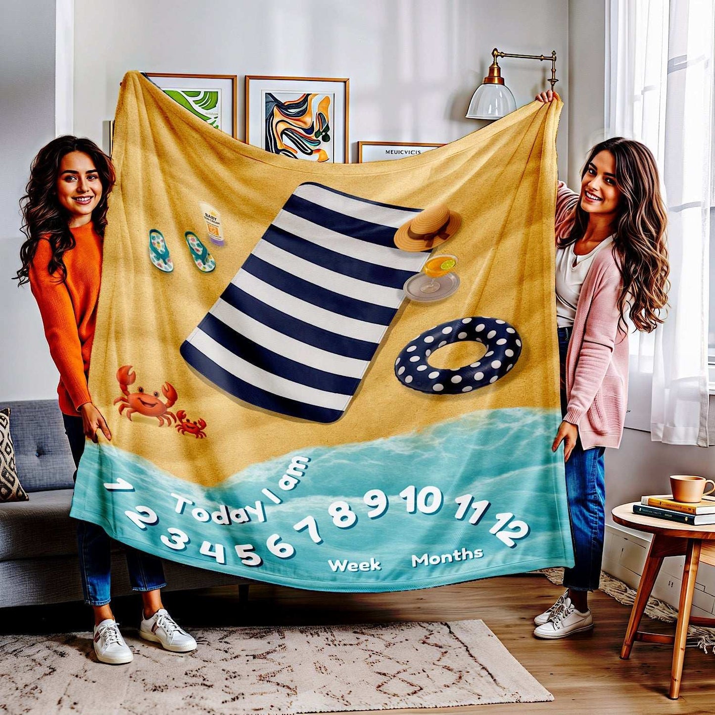 Personalized Baby Milestone Blanket - Blue Beach theme (With Name) by IROHA studio