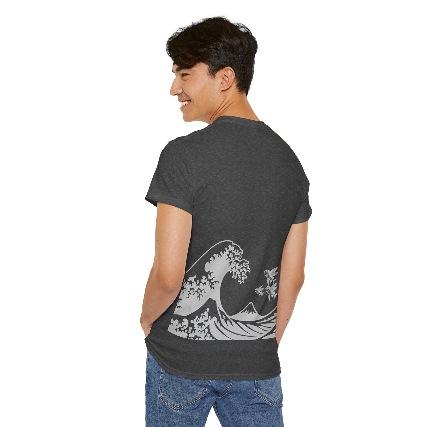 Photo of Flying Fish & Great Wave T-shirt Back Side – Japanese-Inspired Design milestone blanket from IROHA-STUDIO