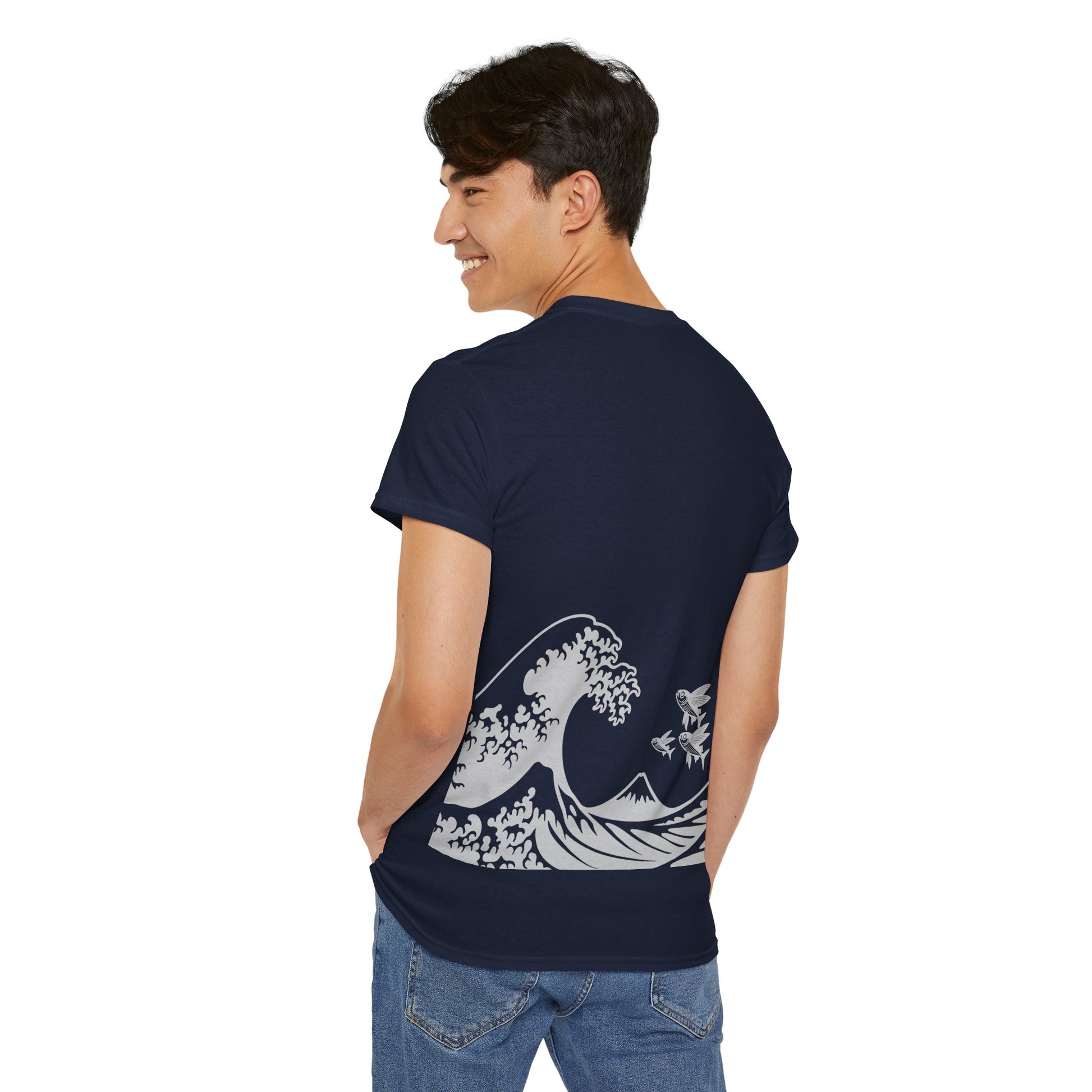 Photo of Flying Fish & Great Wave T-shirt Back Side – Japanese-Inspired Design from IROHA-STUDIO