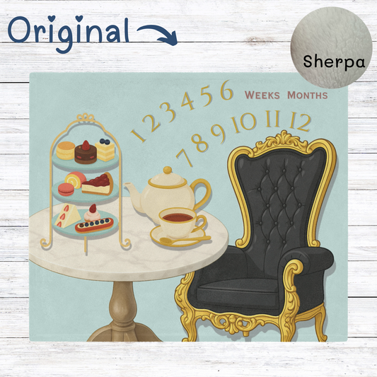 
“Afternoon tea-themed baby milestone blanket featuring elegant black and gold armchair, tea set with teapot and cup, dessert stand with cakes and pastries, and sherpa fleece backing. Perfect for monthly baby photo sessions.”
