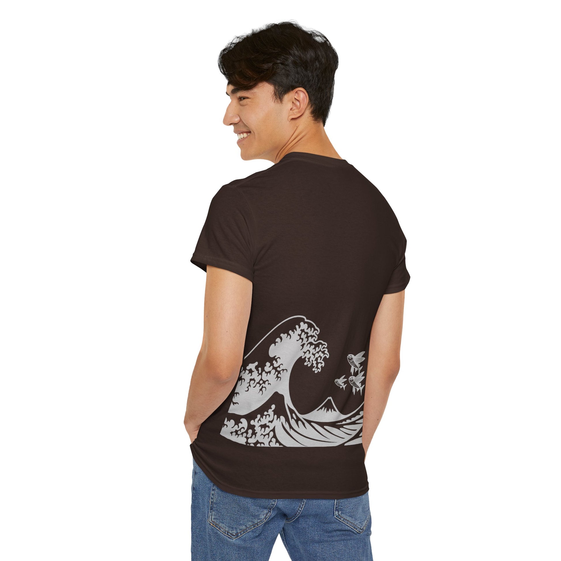 Photo of Flying Fish & Great Wave T-shirt Back Side – Japanese-Inspired Design from IROHA-STUDIO