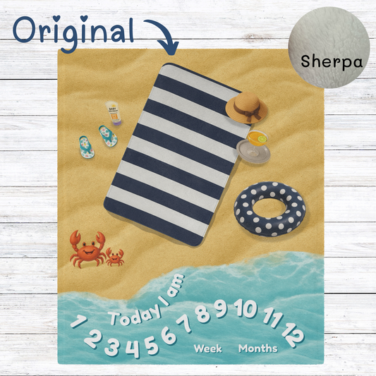 
“Beach-themed baby milestone blanket with navy striped towel, polka dot float, playful crab illustrations, and sherpa fleece backing. Perfect for summer baby photos and monthly milestone tracking.”