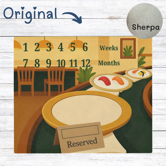 Sushi-themed baby milestone blanket with conveyor belt design, featuring numbers 1 to 12 for weeks and months tracking. Soft sherpa fleece, perfect for monthly baby photos.”
