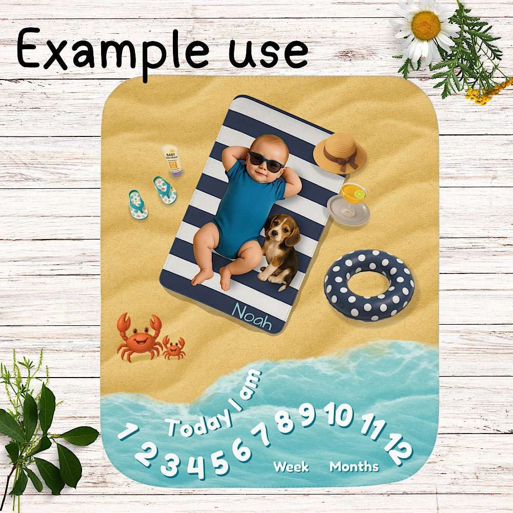 Personalized Baby Milestone Blanket - Blue Beach theme (With Name) by IROHA studio