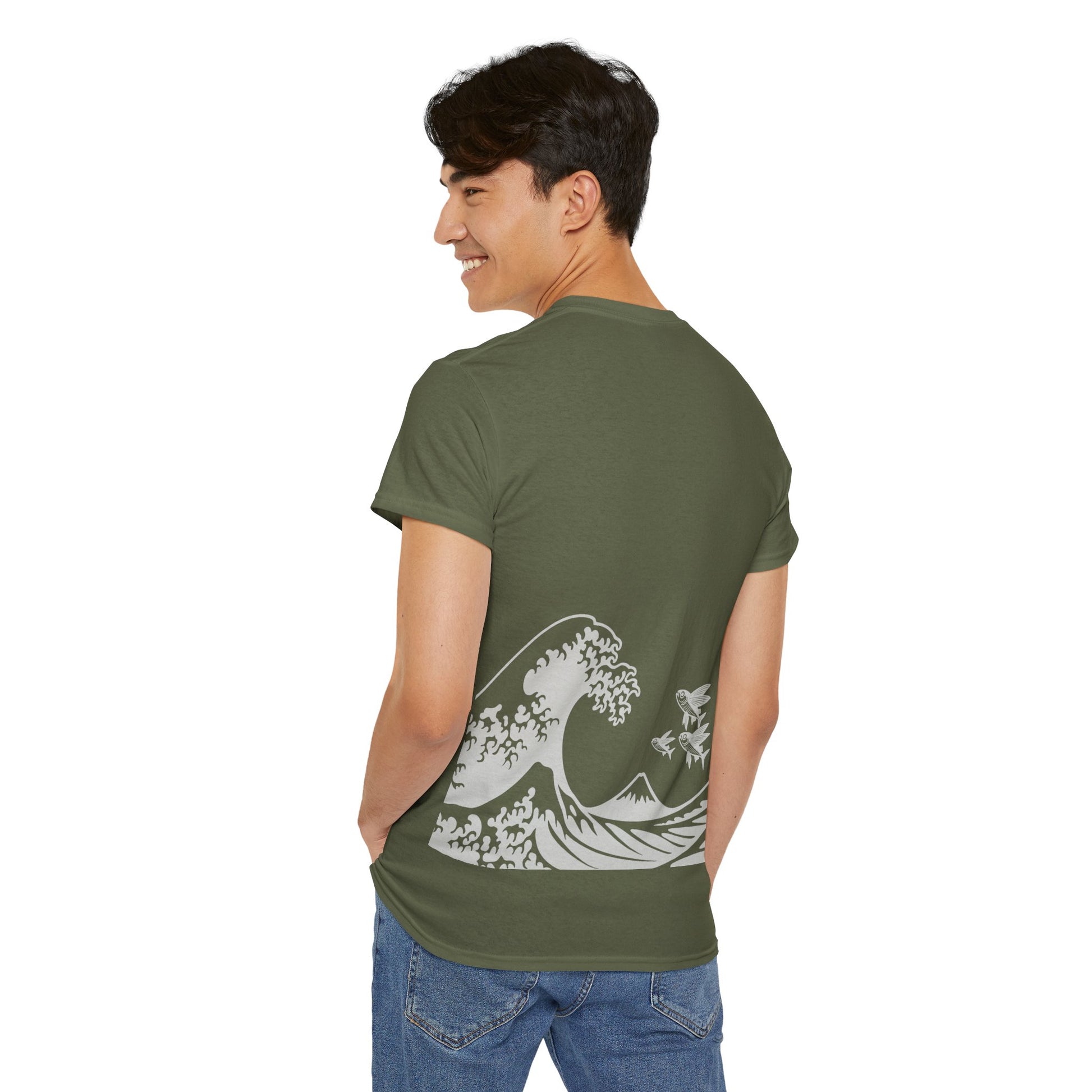 Photo of Flying Fish & Great Wave T-shirt Back Side – Japanese-Inspired Design from IROHA-STUDIO