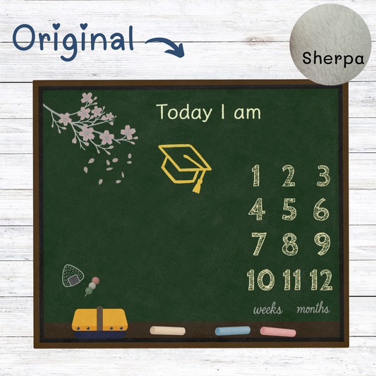 
“Baby milestone blanket with chalkboard classroom design, sherpa fleece, perfect for monthly baby photos and school-themed milestones.”