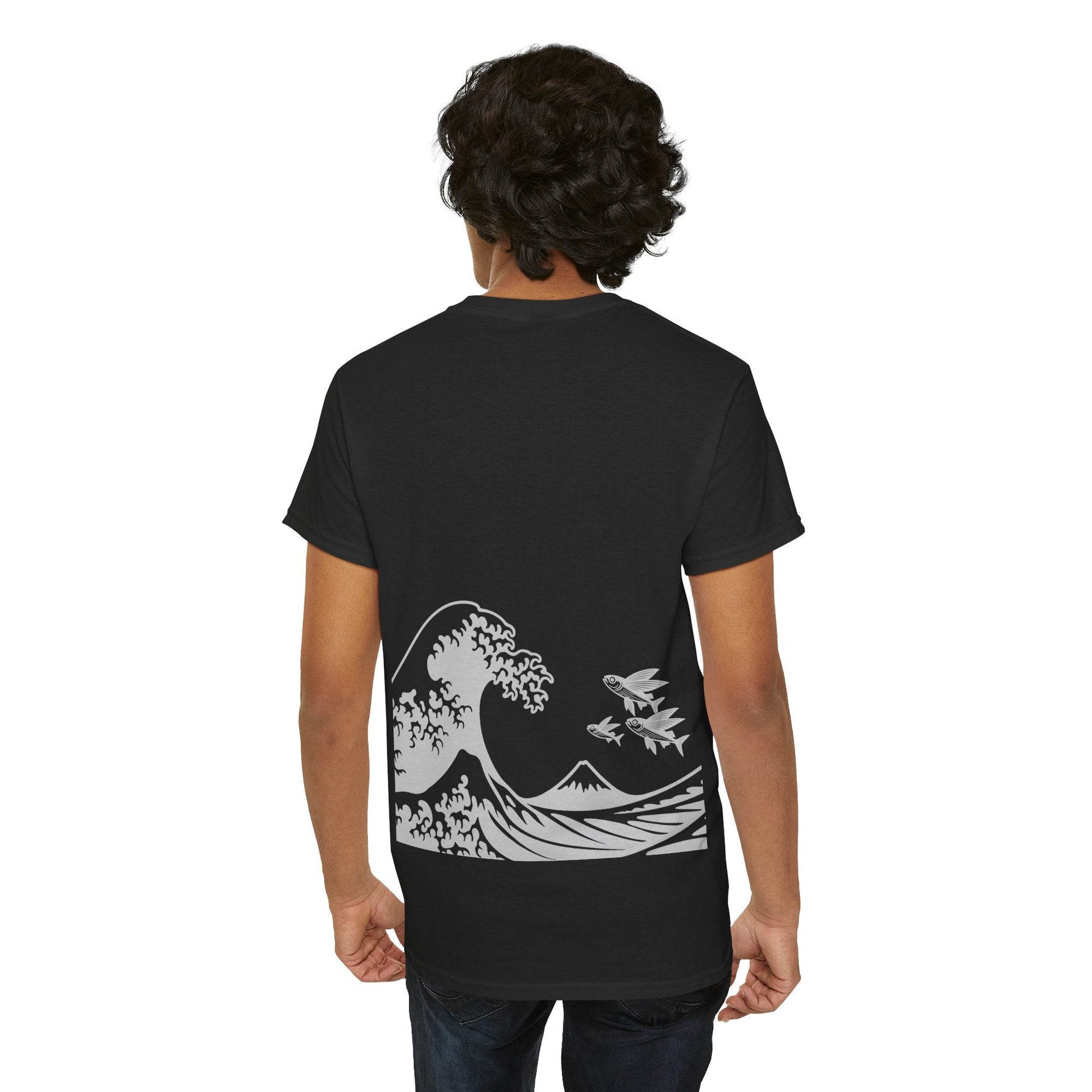 Photo of Flying Fish & Great Wave T-shirt Back – Japanese-Inspired Design from IROHA-STUDIO