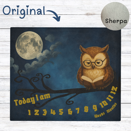 “Owl-themed baby milestone blanket with full moon and night sky design, featuring a reading owl on a branch and sherpa fleece backing. Perfect for weekly or monthly baby photo sessions.”
