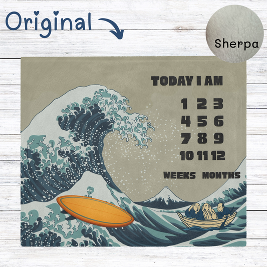 
“Great Wave-inspired baby milestone blanket with Mt. Fuji, traditional boat, and surfboard design. Sherpa fleece backing, perfect for monthly baby photo sessions.”
