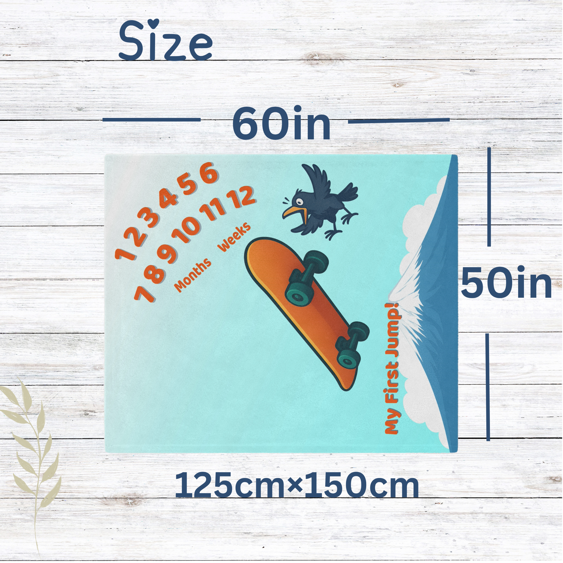 “Skateboard-themed baby milestone blanket with bright orange board, excited cartoon bird, Mt. Fuji in the background, and ‘My First Jump!’ text. Sherpa fleece backing, perfect for weekly or monthly baby photo sessions.”
