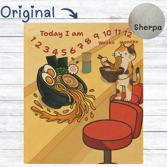 “Ramen shop-themed baby milestone blanket featuring a cute calico cat eating noodles at a counter, with spilled ramen bowl and sherpa fleece backing. Ideal for monthly or weekly baby photo sessions.”
