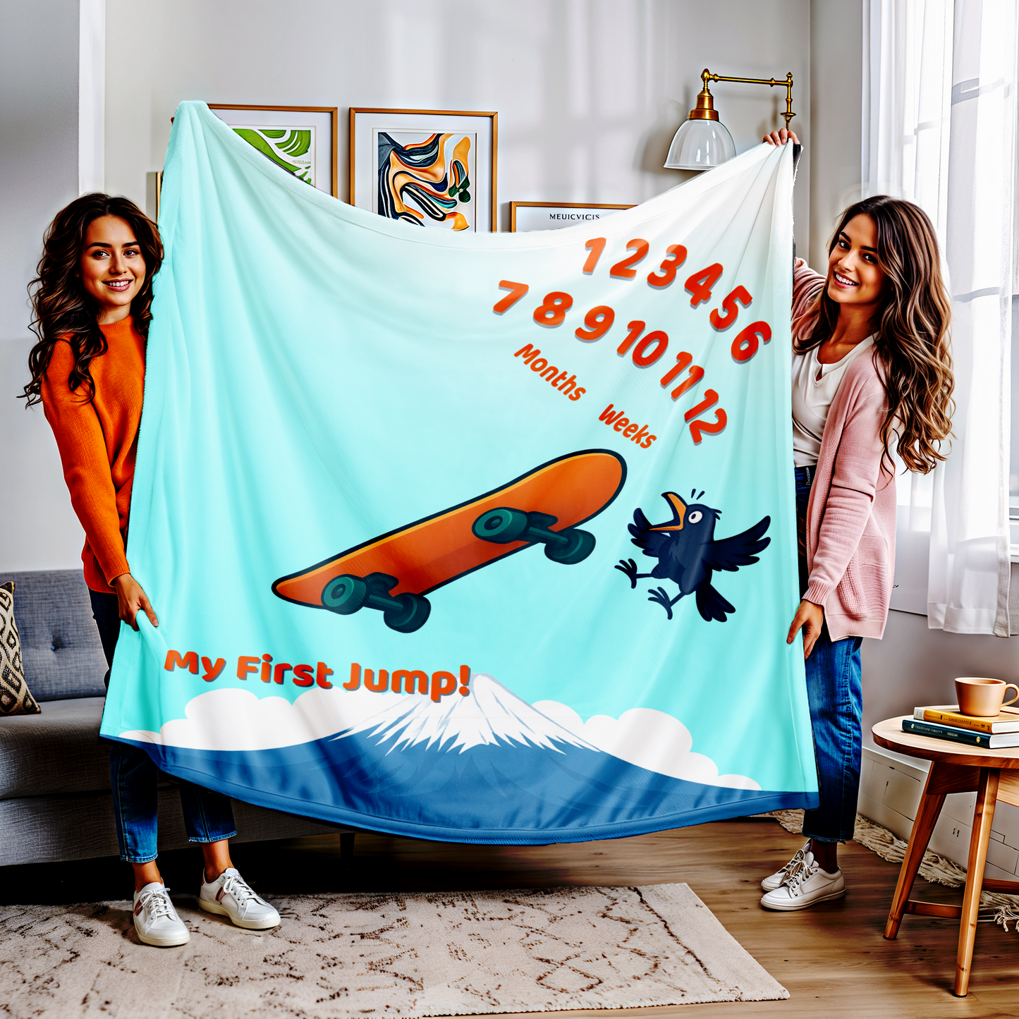 “Skateboard-themed baby milestone blanket with bright orange board, excited cartoon bird, Mt. Fuji in the background, and ‘My First Jump!’ text. Sherpa fleece backing, perfect for weekly or monthly baby photo sessions.”
