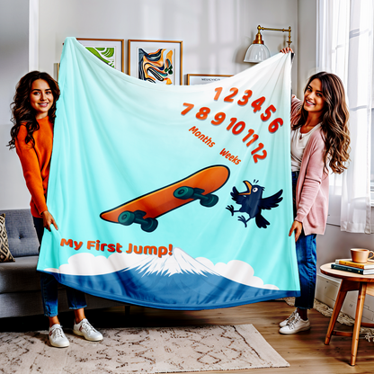 “Skateboard-themed baby milestone blanket with bright orange board, excited cartoon bird, Mt. Fuji in the background, and ‘My First Jump!’ text. Sherpa fleece backing, perfect for weekly or monthly baby photo sessions.”
