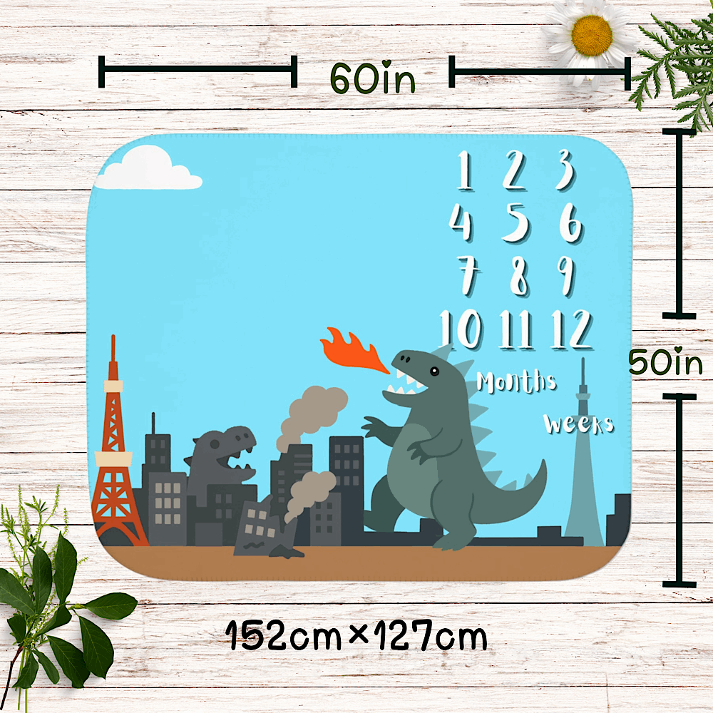 Baby Milestone Blanket Cute Kaiju Theme, Blue- Original (No Name) by IROHA-studio