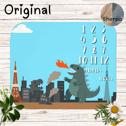 Baby Milestone Blanket Cute Kaiju Theme, Blue- Original (No Name) 50" × 60" by IROHA-studio