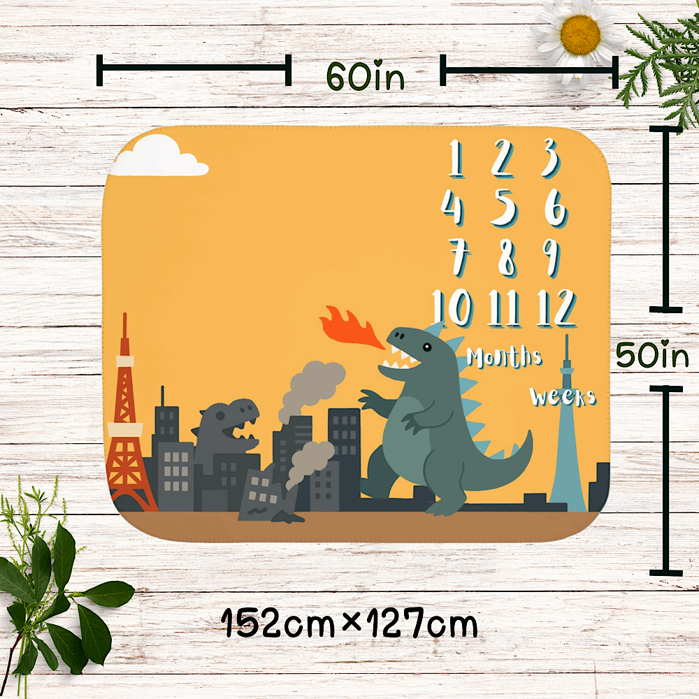 Baby Milestone Blanket – Cute Kaiju Theme, Yellow - Original (No Name) by IROHA-studio