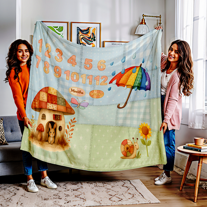 Two women holding a baby milestone blanket with Rainbow umbrella designs in a room.
