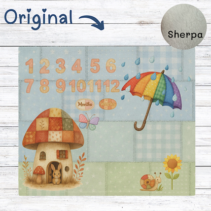 Baby milestone blanket with numbers, rainbow umbrella, and cartoon elements on a wooden background.