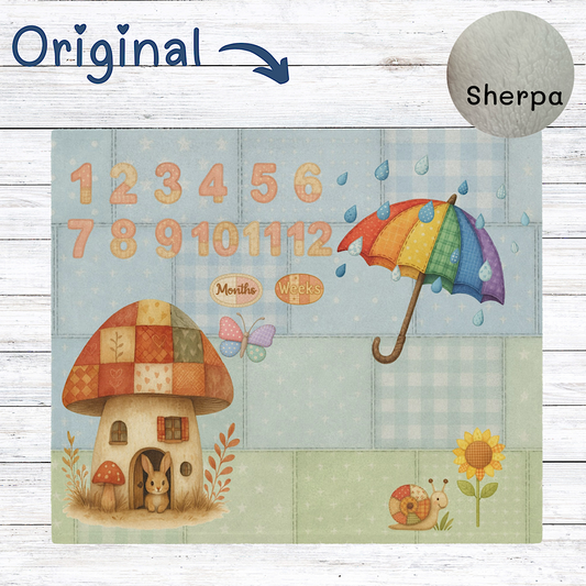 Baby milestone blanket with numbers, rainbow umbrella, and cartoon elements on a wooden background.