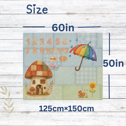 personalised Baby milestone blanket with mushroom house, rainbow umbrella, and numbers on a wooden background