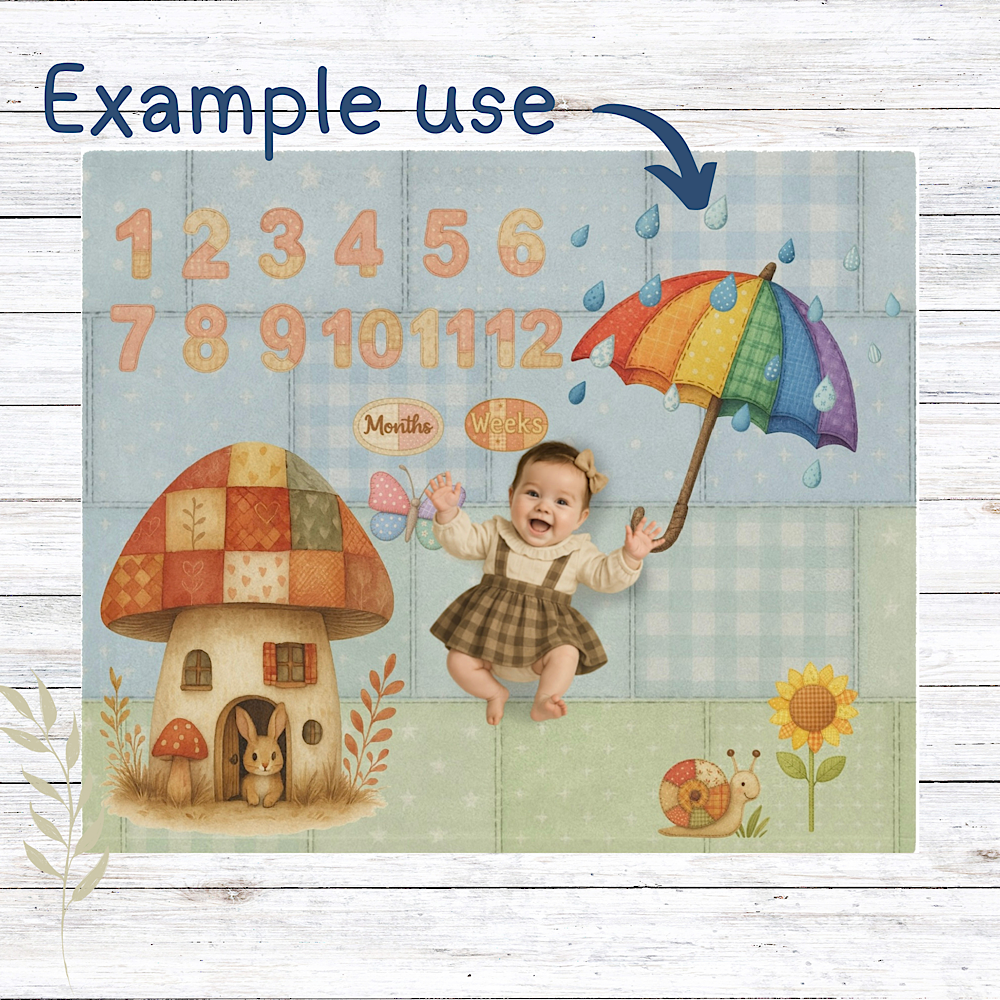 Personalised Baby milestone blanket with colorful umbrella, mushroom house, and baby girl holding the umbrella on a wooden background.