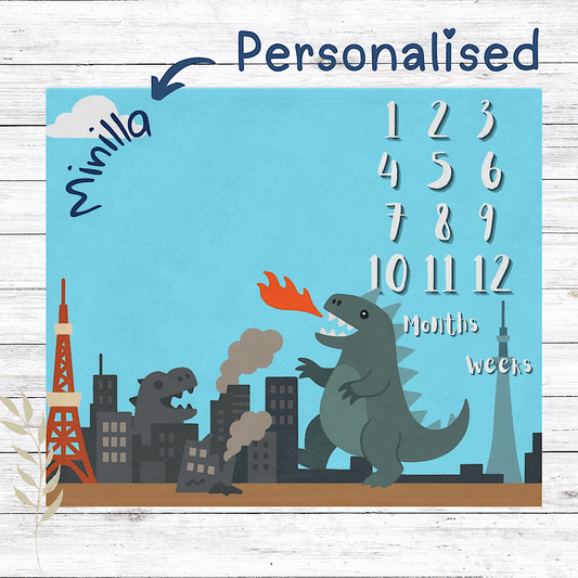 Personalised Baby Milestone Blanket Cute Kaiju Theme, Blue (With Name) 50" × 60" White by IROHA-studio