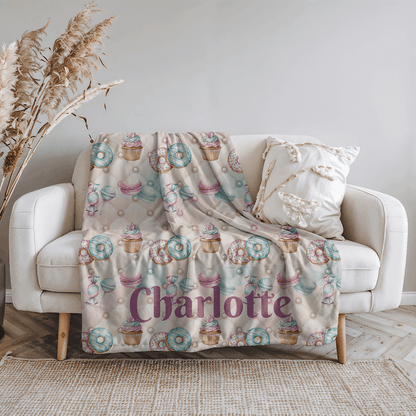 Personalised Sweet Treats Throw Blanket (Pink) 50" × 60" White by IROHA-studio