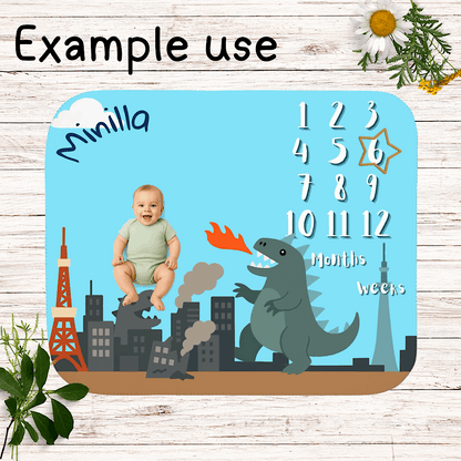 Personalized Baby Milestone Blanket – Cute Kaiju Theme, Blue (With Name) by IROHA-studio
