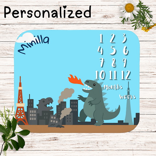 Personalized Baby Milestone Blanket – Cute Kaiju Theme, Blue (With Name) 50" × 60" by IROHA-studio