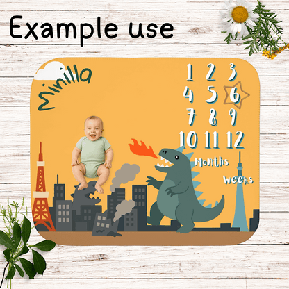 Personalised Baby Milestone Blanket – Cute Kaiju Theme, Yellow (With Name) by IROHA-studio