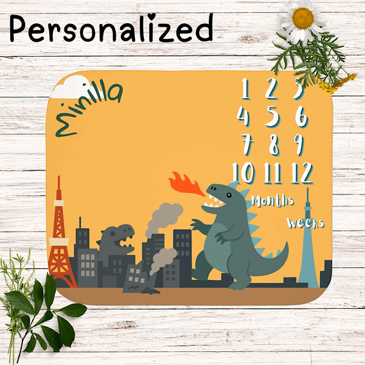 Personalised Baby Milestone Blanket – Cute Kaiju Theme, Yellow (With Name) 50" × 60" by IROHA-studio