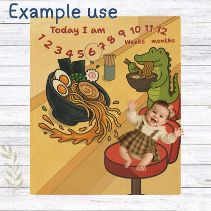 Personalised Baby Milestone Blanket - Cute Crocodile Ramen Design (With Name) by IROHA studio