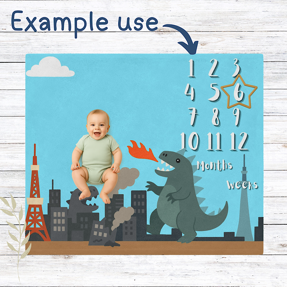 Baby milestone blanket with dinosaur and cityscape design, featuring a baby sitting on a building.
