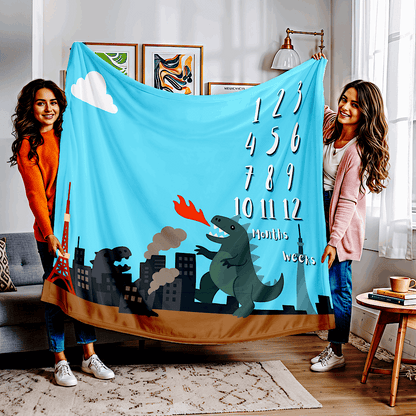 Baby Milestone Blanket Cute Kaiju Theme Blue - Original (No Name) 50" × 60" White by IROHA-studio