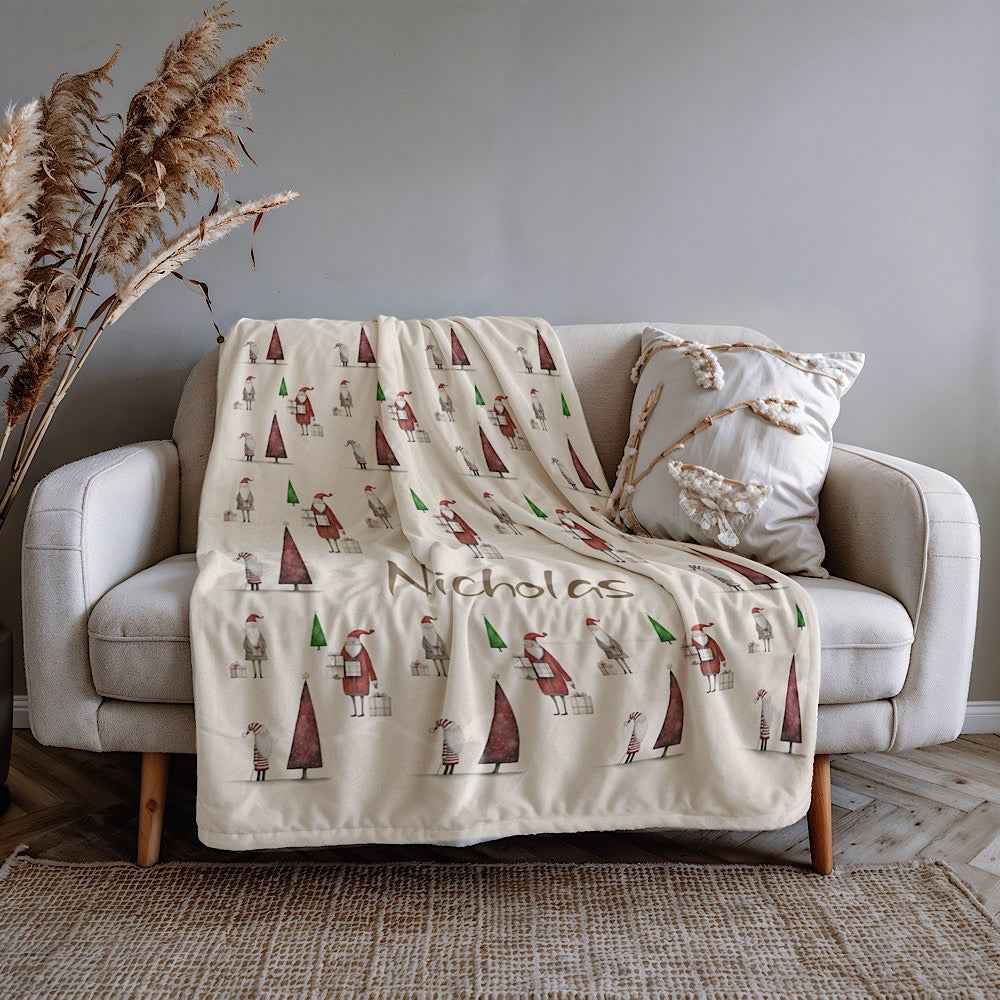 Personalised Christmas Throw Blanket (Ivory) – Festive Santa & Tree Pattern by IROHA-studio