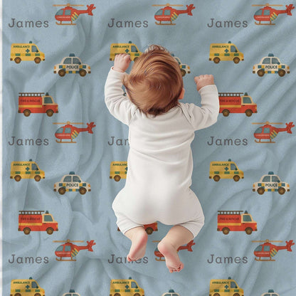 Personalised Baby Blanket - Emergency Vehicles (3 colours)- Best Baby Gift by IROHA studio