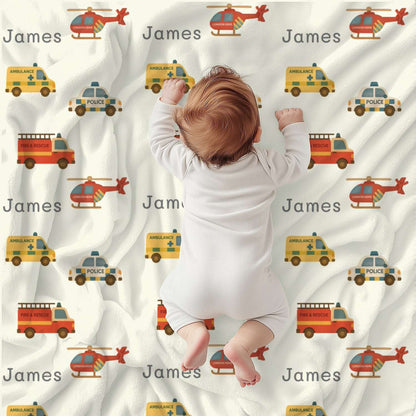 Personalised Baby Blanket - Emergency Vehicles (3 colours)- Best Baby Gift by IROHA studio