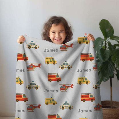 Personalised Baby Blanket - Emergency Vehicles (3 colours)- Best Baby Gift by IROHA studio