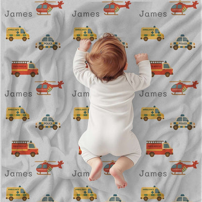 Personalised Baby Blanket - Emergency Vehicles (3 colours)- Best Baby Gift by IROHA studio