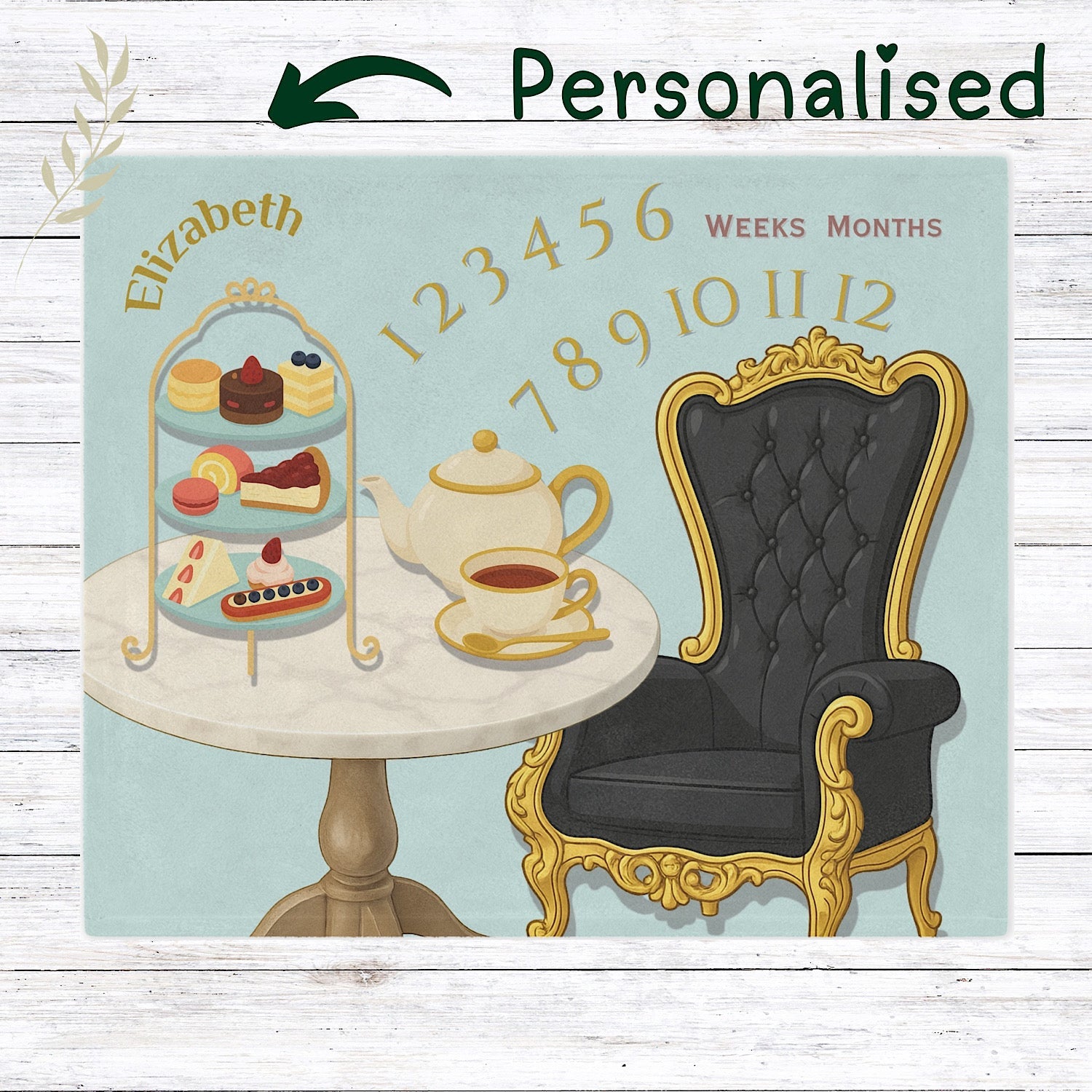 Photo of Personalised Baby Milestone Blanket - Afternoon Tea theme (With Name) from IROHA - STUDIO