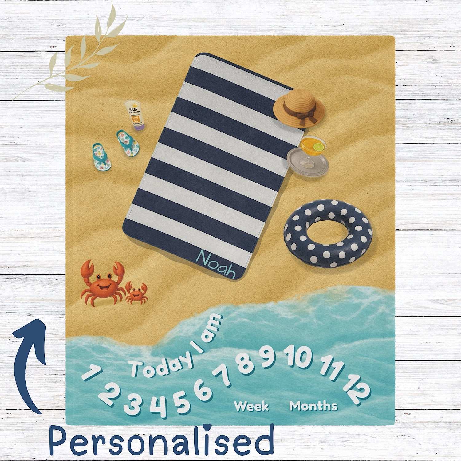 Personalised Baby Milestone Blanket - Blue Beach themed (With Name) by IROHA studio