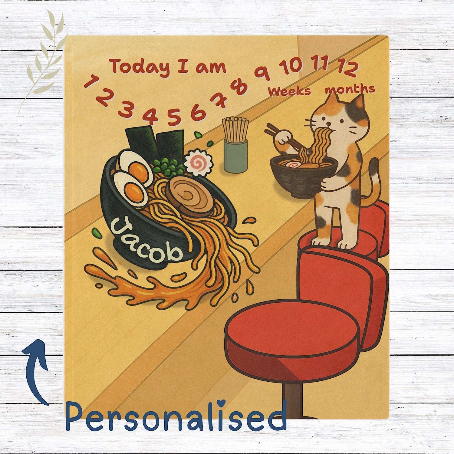 Personalised Baby Milestone Blanket - Cute Cat Ramen Design (With Name) by IROHA studio