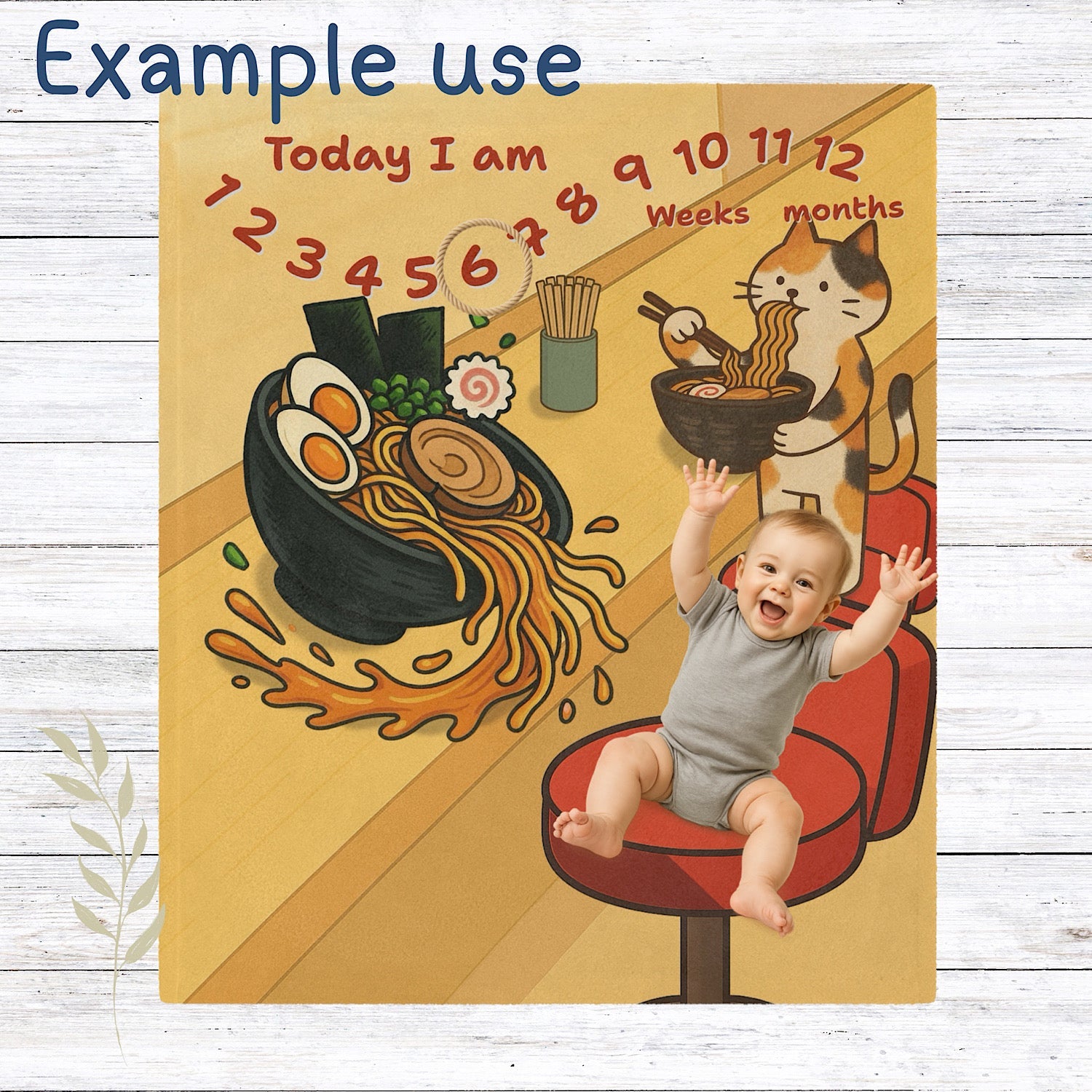 Photo of Personalised Baby Milestone Blanket - Cute Cat Ramen Design (With Name) from IROHA - STUDIO