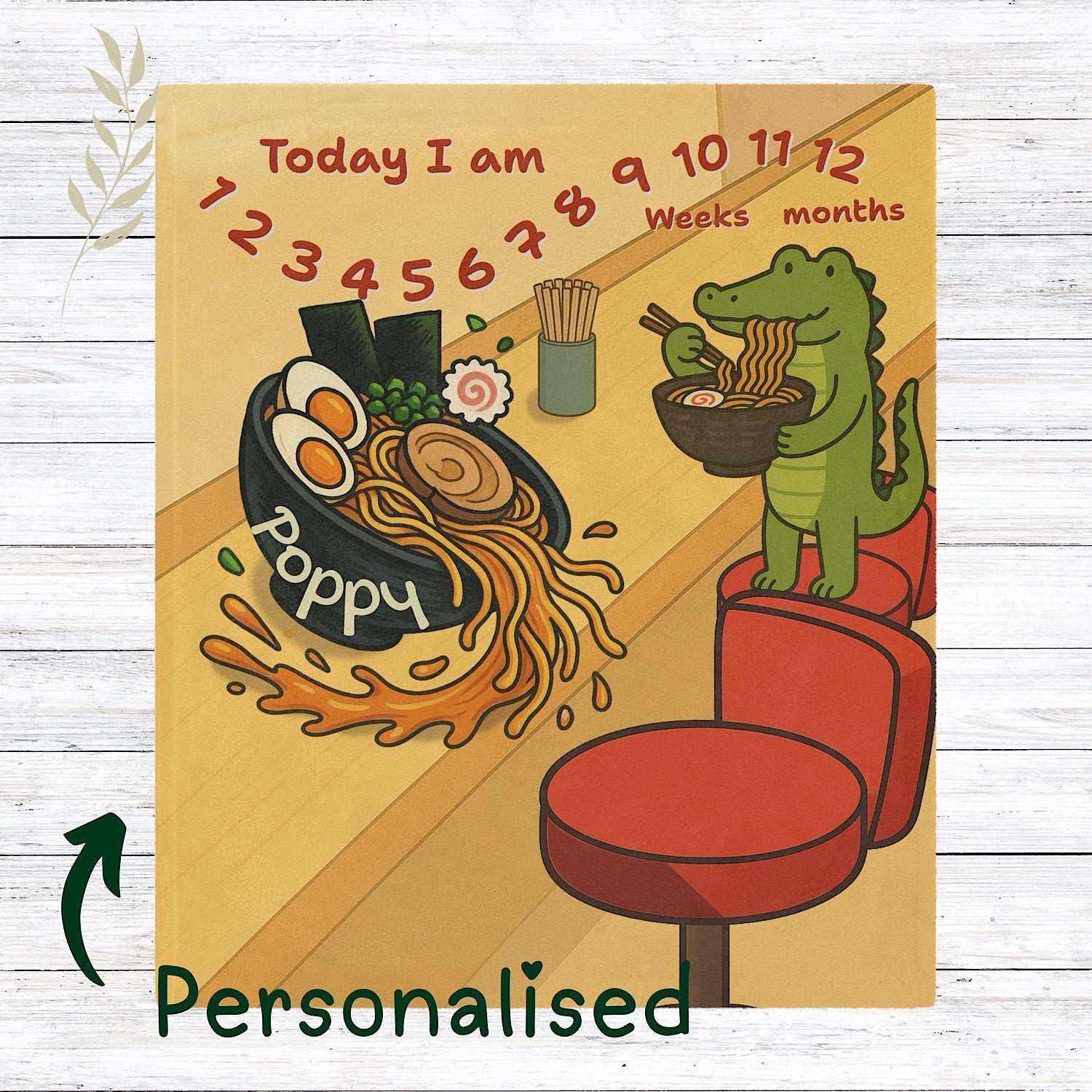 Personalised Baby Milestone Blanket - Cute Crocodile Ramen Design (With Name) by IROHA studio