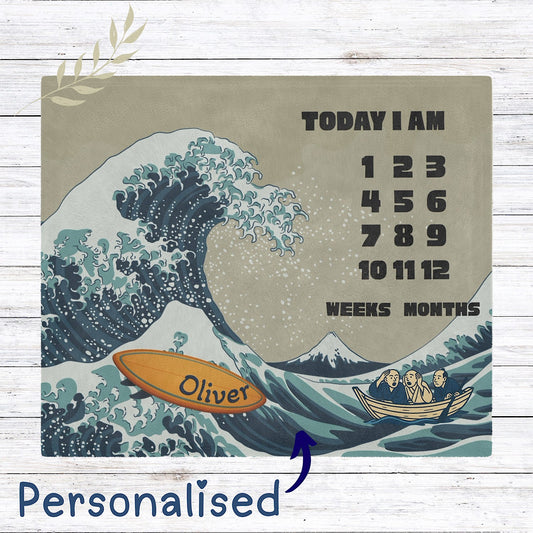 Photo of Personalised Baby Milestone Blanket - Great Wave Surfboard Theme (With Name) from IROHA - STUDIO