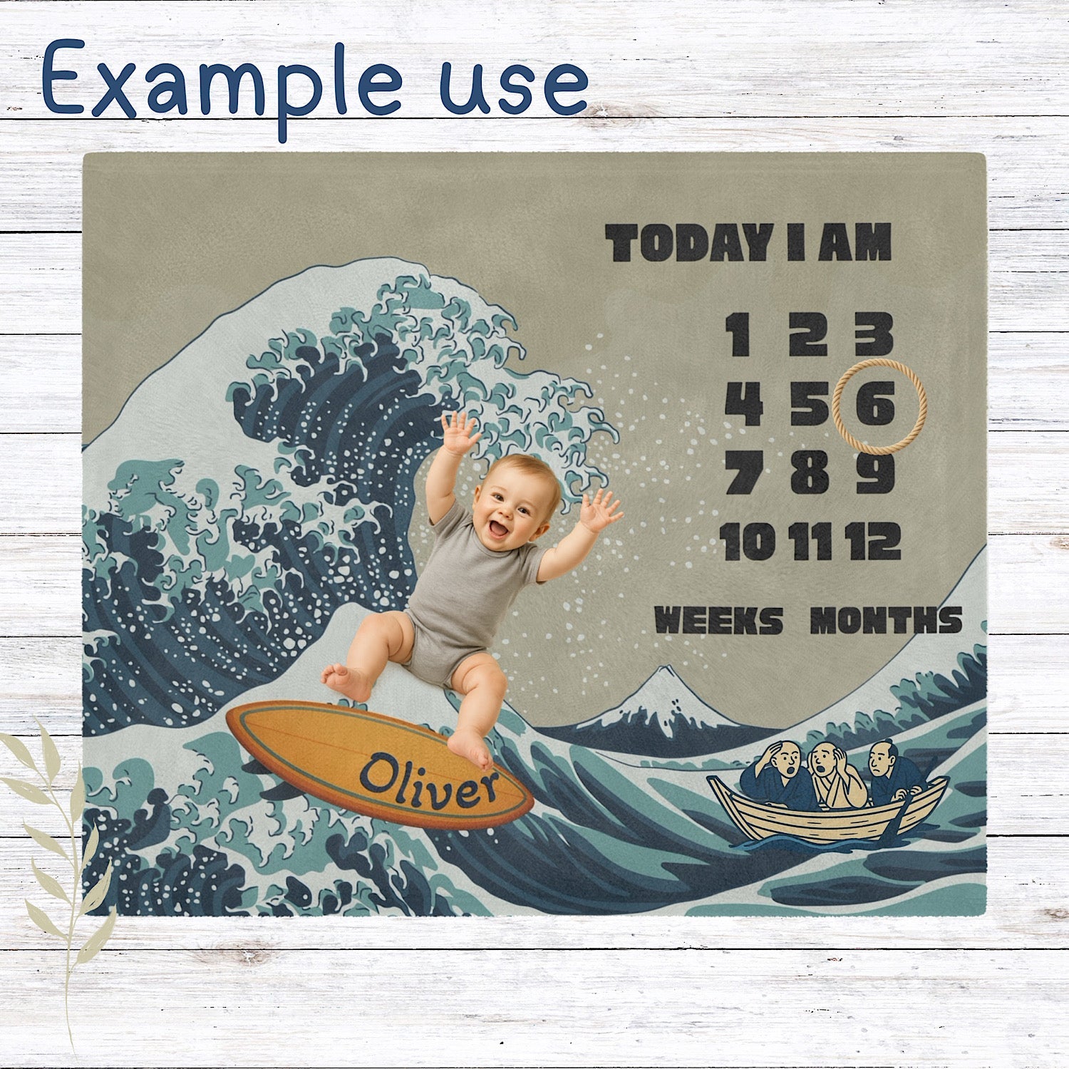 Photo of Personalised Baby Milestone Blanket - Great Wave Surfboard Theme (With Name) from IROHA - STUDIO