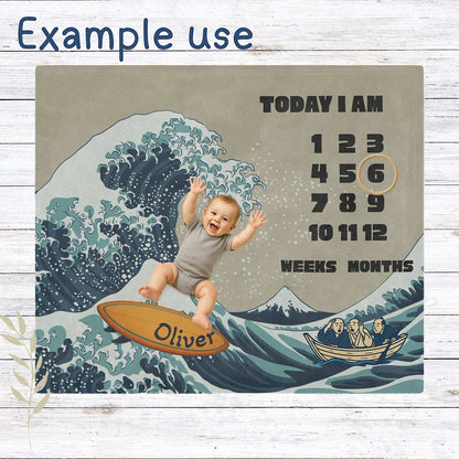 Personalised Baby Milestone Blanket - Great Wave Surfboard Theme (With Name) by IROHA studio